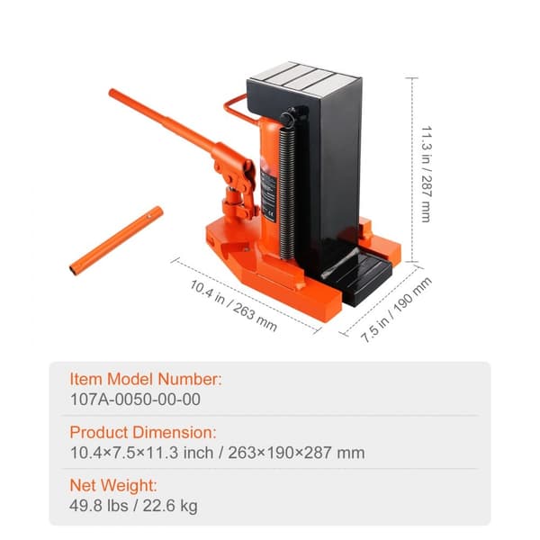 Hydraulinen kärkituki 5 tonnia, 10 tonnin nostokyky, säädettävä varvaskorkeus 0,8-6,8 cm, yläkorkeus 11,3-17,3 cm, ilmahydraulinen tuki