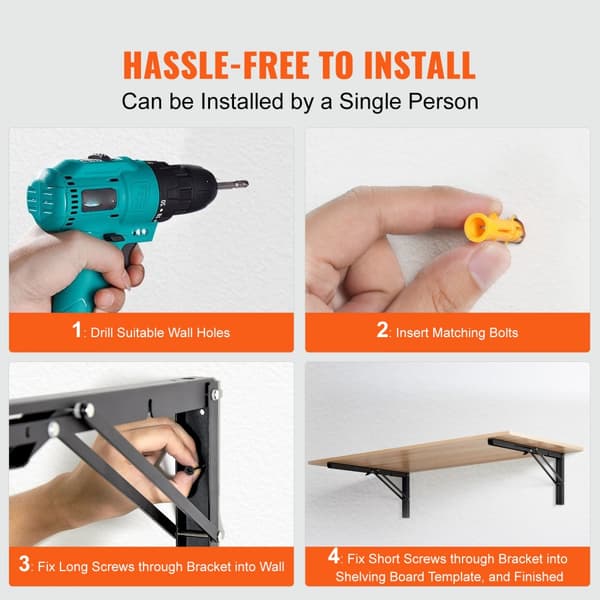 Hyldebeslag Sammenfoldelig 24” L, 2 Stk, Heavy Duty, Mat Sort L Hyldebeslag, 5 mm Tykkelse, Stålreolbeslag, Justerbare Beslag til Hylder