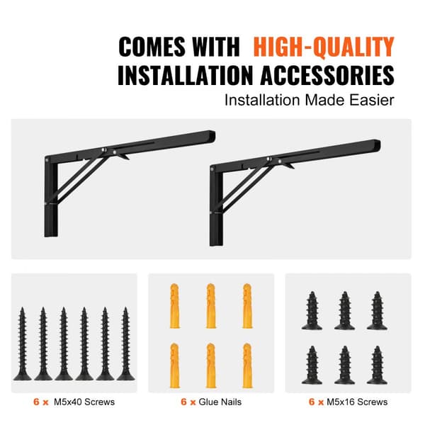Hyldebeslag Sammenfoldelig 24” L, 2 Stk, Heavy Duty, Mat Sort L Hyldebeslag, 5 mm Tykkelse, Stålreolbeslag, Justerbare Beslag til Hylder