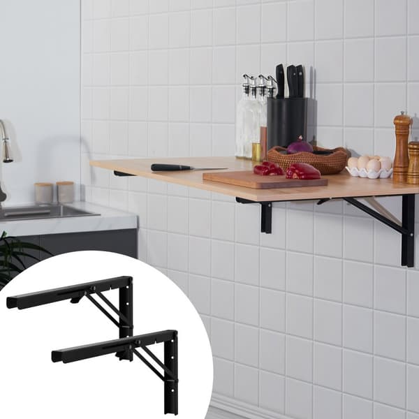 Hyldebeslag Sammenfoldelig 24” L, 2 Stk, Heavy Duty, Mat Sort L Hyldebeslag, 5 mm Tykkelse, Stålreolbeslag, Justerbare Beslag til Hylder