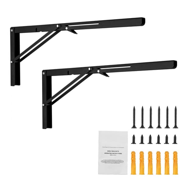 Hyldebeslag Sammenfoldelig 24” L, 2 Stk, Heavy Duty, Mat Sort L Hyldebeslag, 5 mm Tykkelse, Stålreolbeslag, Justerbare Beslag til Hylder