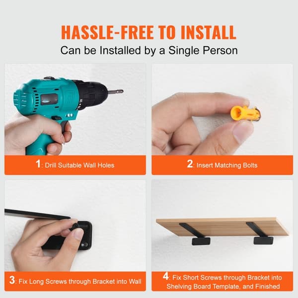 Hyllfäste 10”L x 4”B x 1,6”H, 6 st kraftiga flytande hyllfästen, 5 mm tjocka mattsvarta L-hyllfästen, stålhyllor med 160" bärförmåga