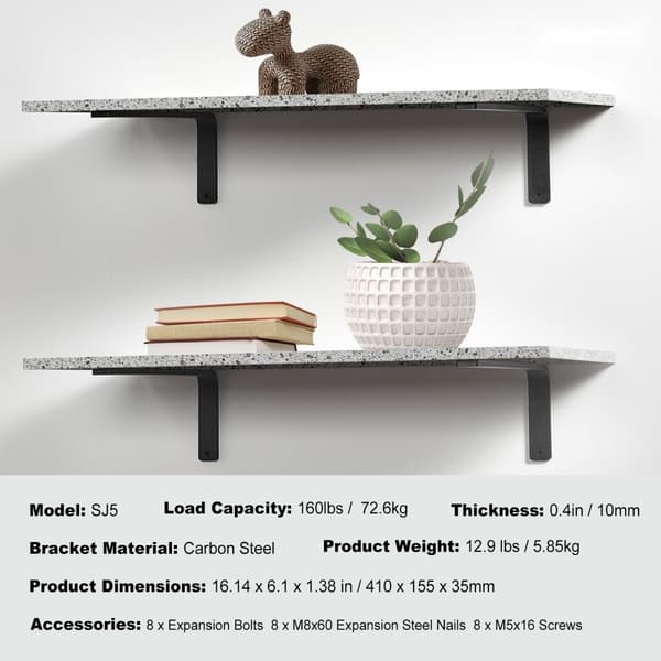 Hyldebeslag 16 x 6 cm, 4 stk, kraftige flydende, 10 mm tykt matsort L-hyldebeslag, stålhyldebeslag med 160 kg belastning