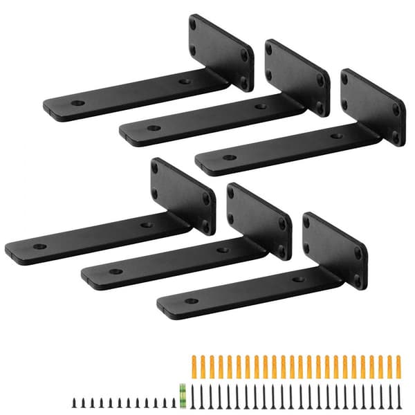 Raskaan käytön hyllytelineet, 8"L x 4"L x 1,6"K, 6 kpl, kelluvat L-hyllykannattimet, 5 mm paksu mattamusta hyllynkannatin