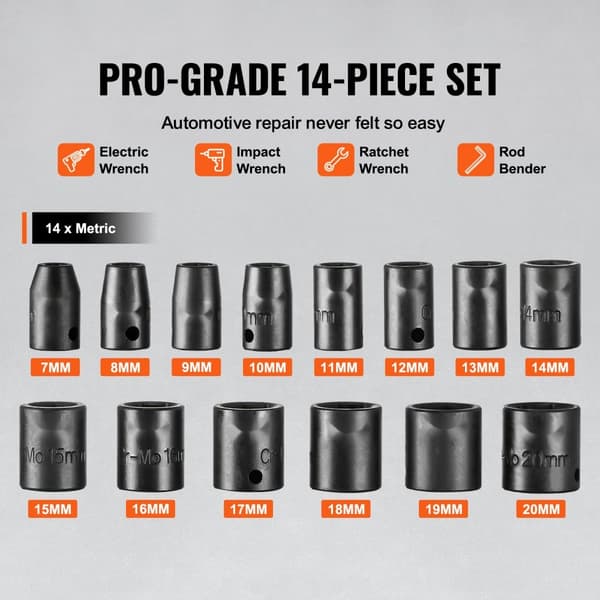 Impact sockets sæt 14 stk. 6-punkts 3/8” drive, bit ratchet værktøj kit med kasse, holdbar kvalitet