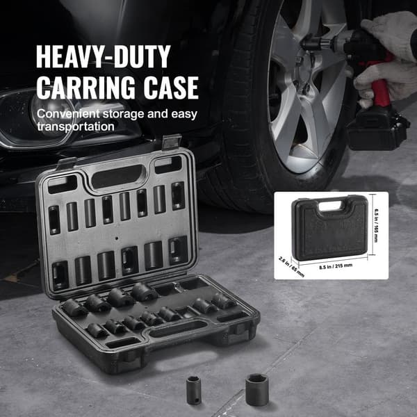Impact sockets sæt 14 stk. 6-punkts 3/8” drive, bit ratchet værktøj kit med kasse, holdbar kvalitet