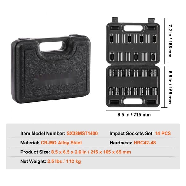 Impact sockets sæt 14 stk. 6-punkts 3/8” drive, bit ratchet værktøj kit med kasse, holdbar kvalitet
