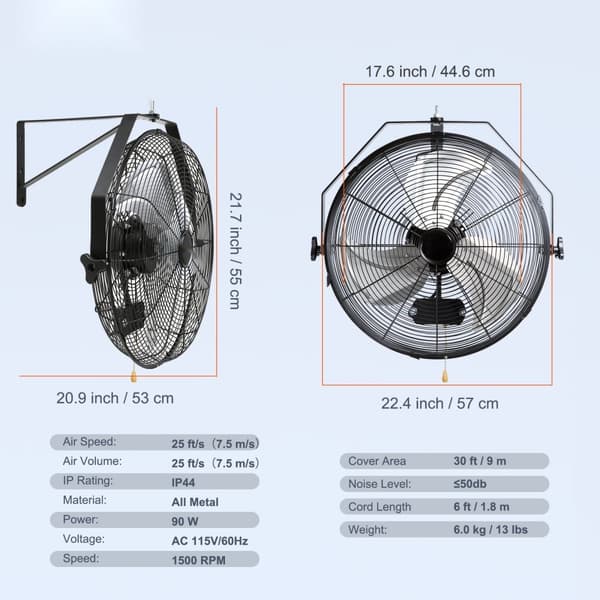 Industrivægventilator Metal 44,6 cm, 3 hastigheder, kraftfuld luftcirkulation, energieffektiv
