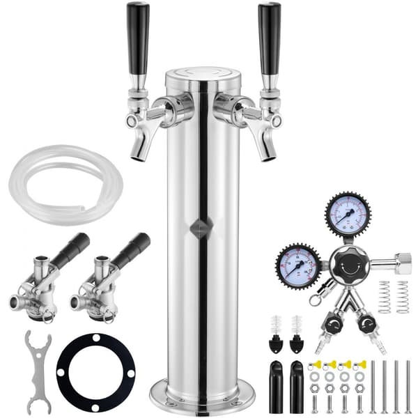 Kegerator tårnsæt, dobbelthaner ølkonverteringssæt, rustfrit stål øltårndispenser med W21.8 regulator & S-System, dobbelmåler