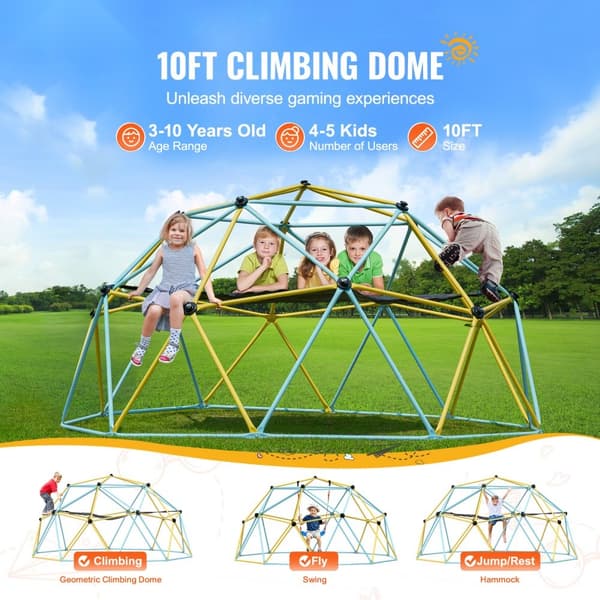 Klatredome 10FT, geometrisk kuppelklatrer med hængekøje og gynge, til børn 3-10 år, Jungle Gym, understøtter 750 LBS, nem at montere