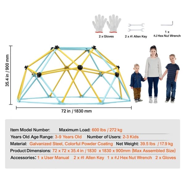 Klätterdome 6FT, Geometrisk Klättringslek för Barn 3-9 År, Jungle Gym Stöder 600 LBS, Enkel Montering