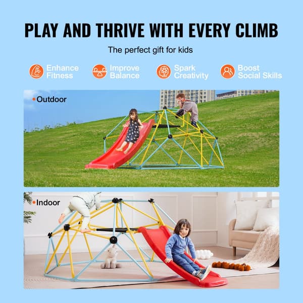 Klatredome 8FT, geometrisk kuppelklatrer med rutsjebane, til børn 3-9 år, Jungle Gym, 600 LBS kapacitet, nem montering