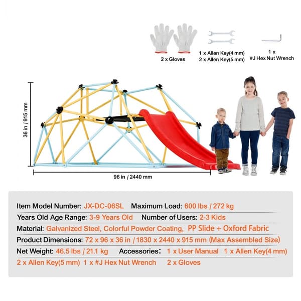 Klatredome 8FT, geometrisk kuppelklatrer med rutsjebane, til børn 3-9 år, Jungle Gym, 600 LBS kapacitet, nem montering