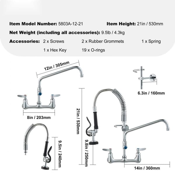 Kaupallinen hana esihuuhteluruiskulla, 21" korkeus, 8" keskikoko, 12" kääntyvä juoksuputki, seinään kiinnitettävä keittiöhana
