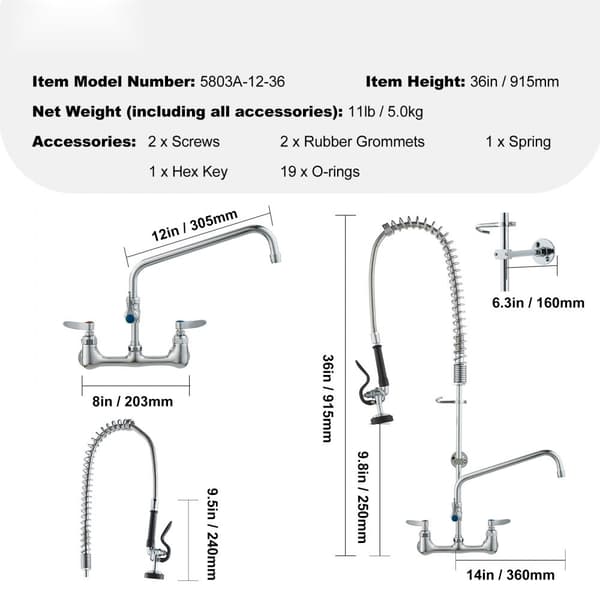 Kommerciel vandhane med forskylningssprøjte, 36" højde, 8" center, 12" svingtud, vægmonteret køkkenvaskarmatur, messingkonstruktion, holdbar kvalitet