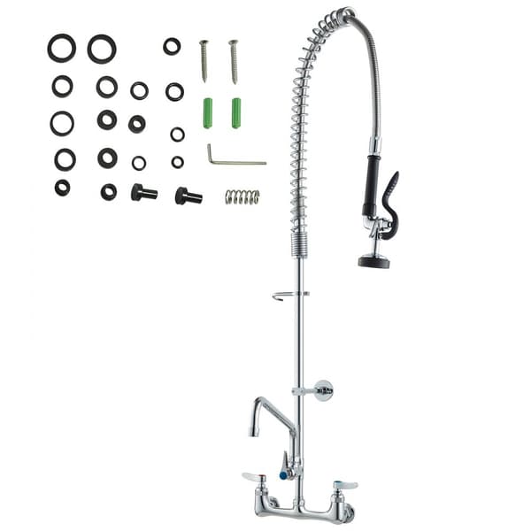 Kommerciel vandhane med forskyllesprøjte, 44" højde, 8" center, 12" svingtud, vægmonteret, messingkonstruktion, køkkenvask vandhane