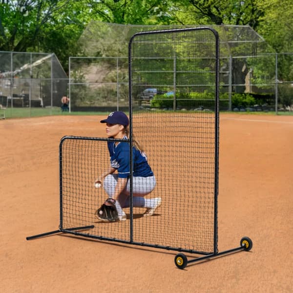 L Screen Baseball 7x7 ft, Bärbar Batting Cage Säkerhetsskärm, Softball Body Protector med bärväska, Hjul och Markstänger