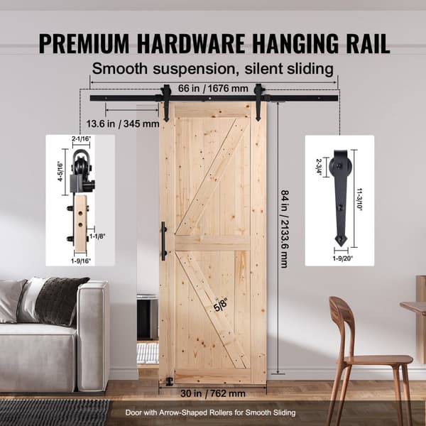 Stalddørssæt 30" x 84", Træskydedør, Glat Finish, Isenkramsæt, Holdbar Konstruktion