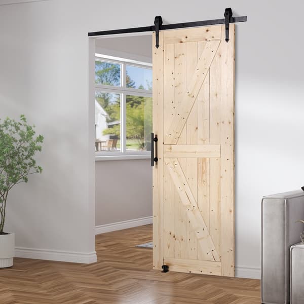 Stalddørssæt 30" x 84", Træskydedør, Glat Finish, Isenkramsæt, Holdbar Konstruktion