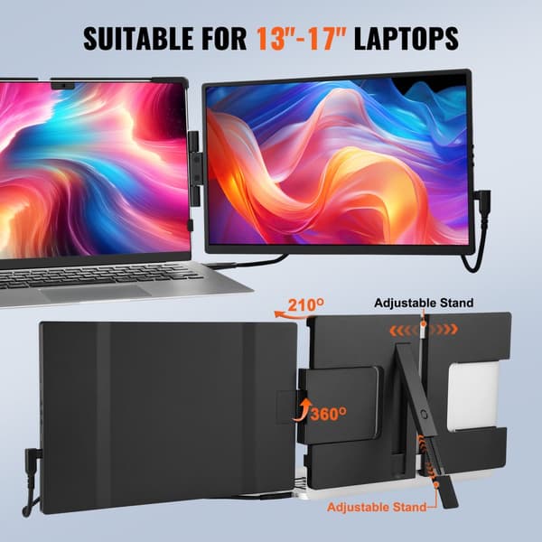 Laptop Skærmextender 14" HD 1080P, bærbar skærm til 13"-17" bærbare computere, kompakt design, høj opløsning