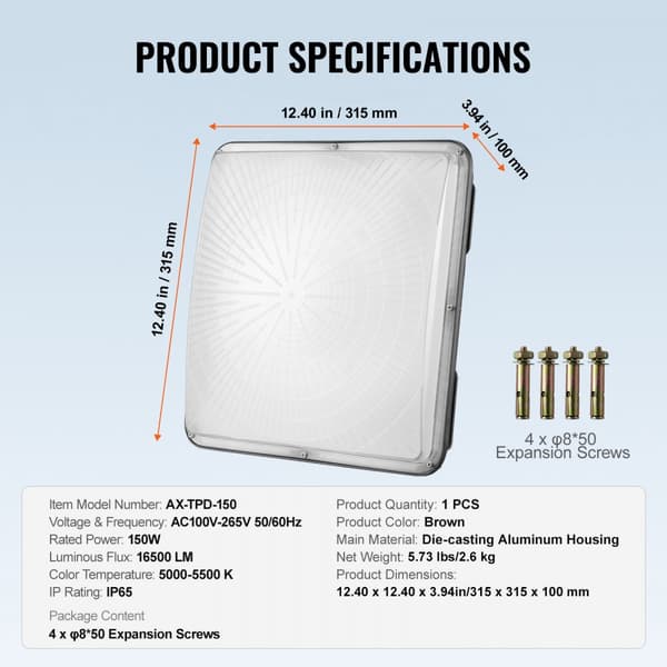 LED Taklampa 150W 16500LM 5000K Dagsljus Utomhus, IP65 Vattentålig Belysning