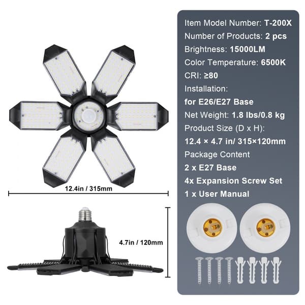 LED autotallin valaisin 15000LM, 2 kpl muotoiltava kirkas valaisin, tehokas myymäläkattovalo