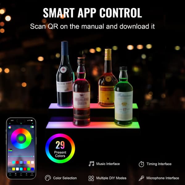 LED-belyst spiritusflaske displaybar hylde, RF & app kontrol, 16", 2-trins, justerbar belysning