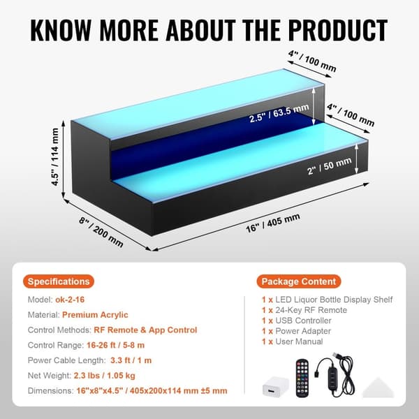 LED-belyst spiritusflaske displaybar hylde, RF & app kontrol, 16", 2-trins, justerbar belysning
