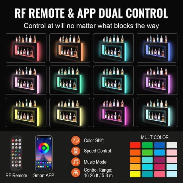 LED-upplyst spritflaskdisplay med RF & App-kontroll, 48 tum barhylla