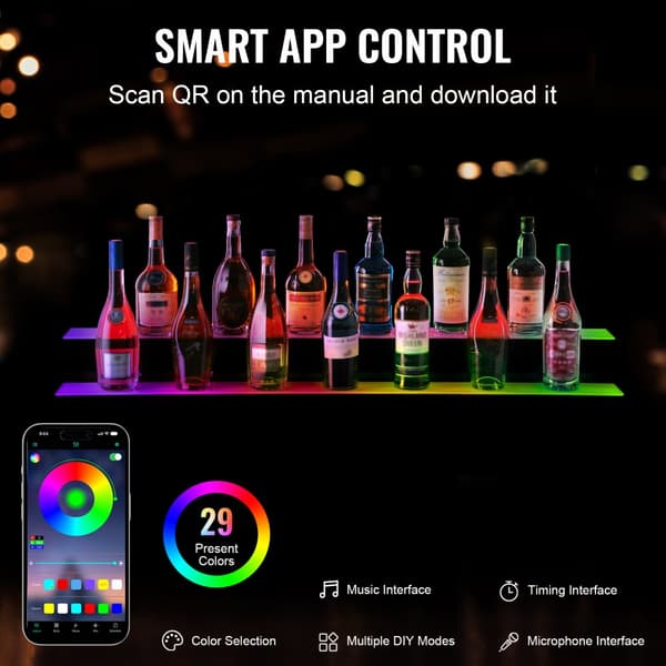 LED-valaistu viinapullon hylly, RF- ja App-ohjaus, 48", 2-vaiheinen näyttöpalkki