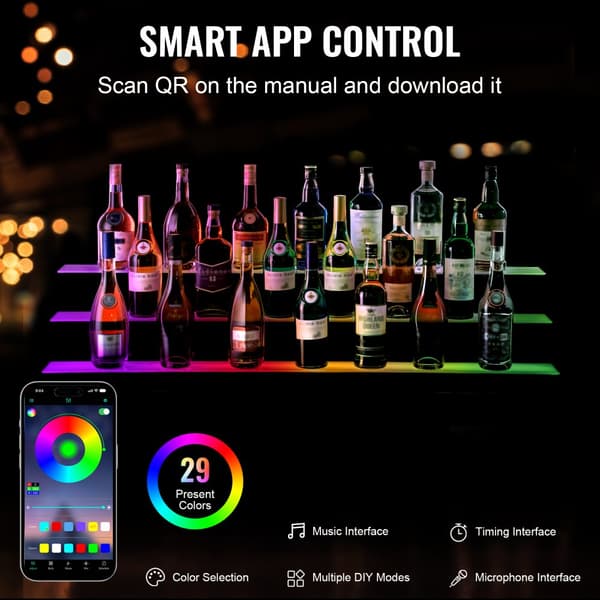 LED oplyste spiritusflaske displaybar, RF & app kontrol, 48" 3-trins hylde
