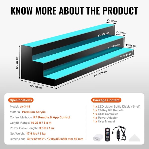 LED oplyste spiritusflaske displaybar, RF & app kontrol, 48" 3-trins hylde