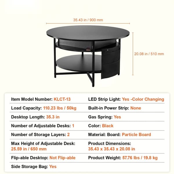 Lift Top Soffbord 35,3" Runt Vardagsrumsbord Svart, Justerbart Höjd, Modern Design