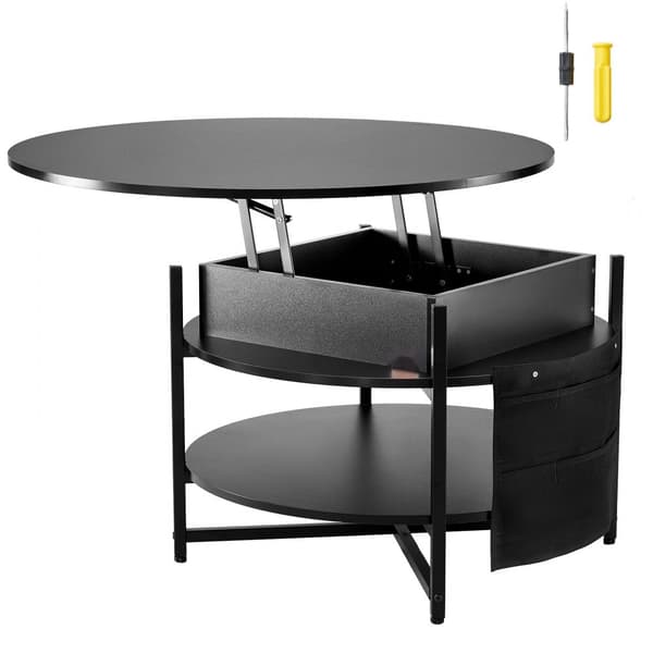 Lift Top Soffbord 35,3" Runt Vardagsrumsbord Svart, Justerbart Höjd, Modern Design