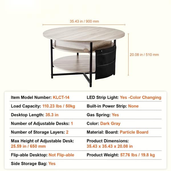 Lift Top Sofabord 35,3" Rundt Hvidt Sofabord til Stue, Justerbart, Unikt Design, Pladsbesparende