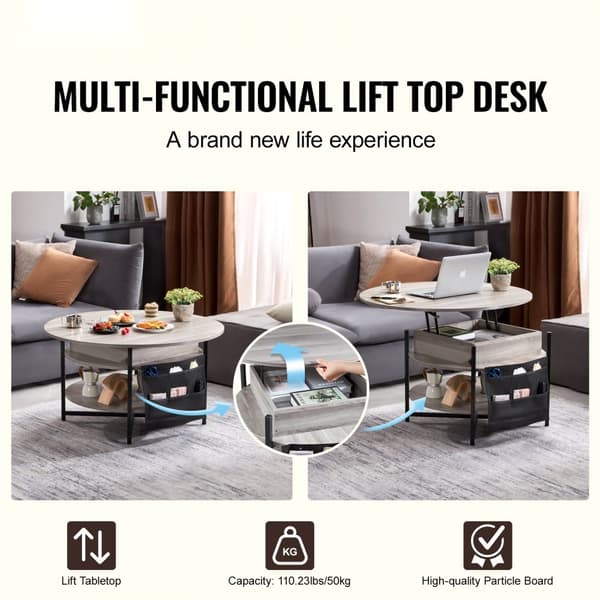 Lift Top Sofabord 35,3" Rundt Hvidt Sofabord til Stue, Justerbart, Unikt Design, Pladsbesparende