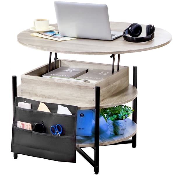 Lift Top Soffbord 35,3" Runt Vardagsrum Soffbord i Vit, Justerbart Höjd, Modern Design