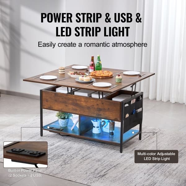 Lyft-topps soffbord 39,4" rektangulärt, med USB och ljus, brun finish