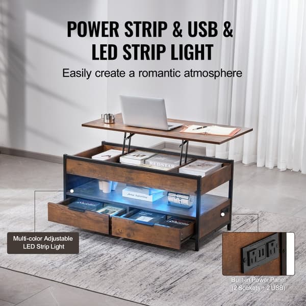 Lift Top Sofabord 39,4" Rektangel med Lys og USB, Brun, Multifunktionelt Design, Høj Kvalitet, Moderne Indretning