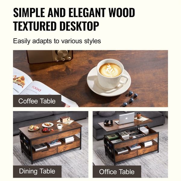 Lift Top Sofabord 39,4" Rektangel med Lys og USB, Brun, Multifunktionelt Design, Høj Kvalitet, Moderne Indretning
