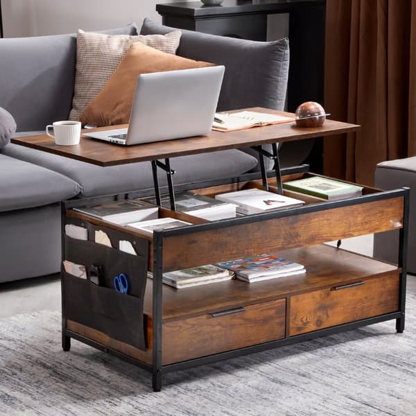 Lift Top Sofabord 39,4" Rektangel med Lys og USB, Brun, Multifunktionelt Design, Høj Kvalitet, Moderne Indretning