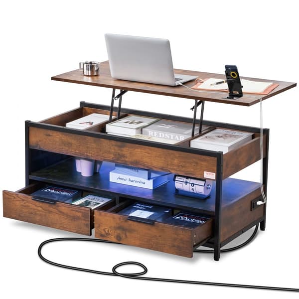 Lift Top Sofabord 39,4" Rektangel med Lys og USB, Brun, Multifunktionelt Design, Høj Kvalitet, Moderne Indretning