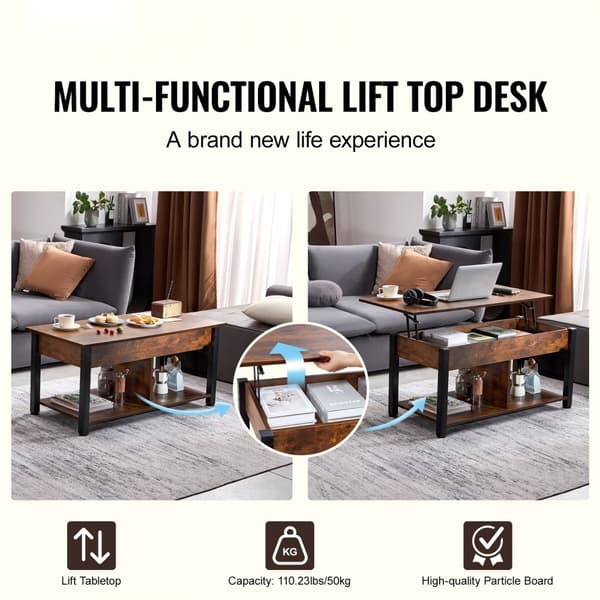 Lift Top Soffbord 41,7", Rektangulärt Vardagsrumsbord i Brun, Justerbar Höjd, Mångsidig Förvaring