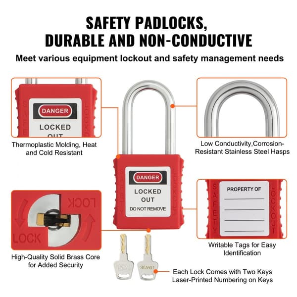Lockout Tagout-låsesæt, 10 stk røde sikkerhedslåsehængelåse med 2 nøgler pr. lås, OSHA-kompatible, sikre og effektive lockout-løsninger