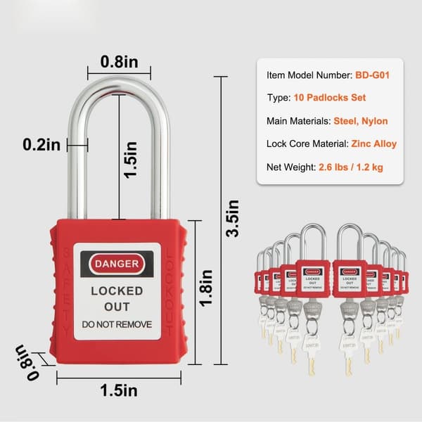 Lockout Tagout-låsesæt, 10 stk røde sikkerhedslåsehængelåse med 2 nøgler pr. lås, OSHA-kompatible, sikre og effektive lockout-løsninger