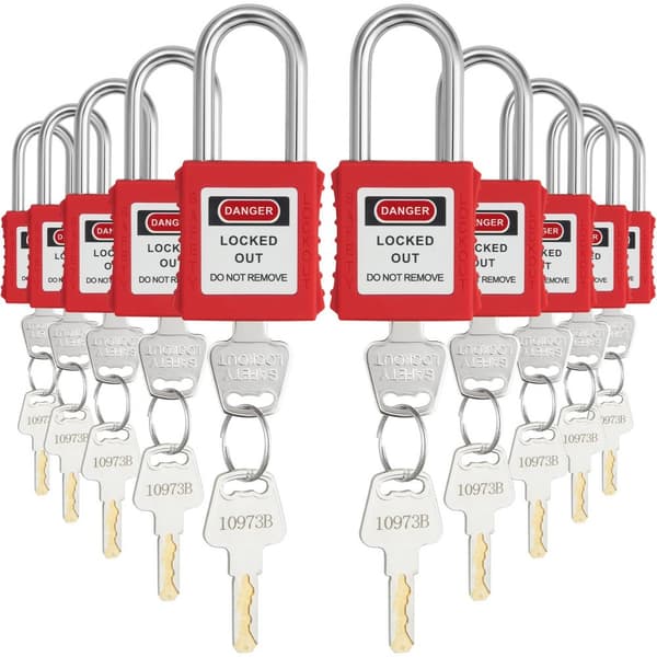 Lockout Tagout-låsesæt, 10 stk røde sikkerhedslåsehængelåse med 2 nøgler pr. lås, OSHA-kompatible, sikre og effektive lockout-løsninger