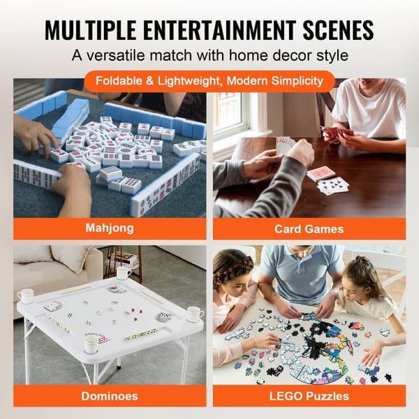 Mahjong Bord 4 Spiller Foldebord med Kopholdere og Chip Bakker, Hvid, Sammenklappeligt Design, Ideelt til Spil Aftener