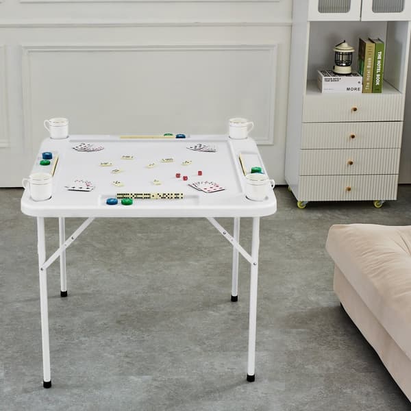 Mahjong Bord 4 Spiller Foldebord med Kopholdere og Chip Bakker, Hvid, Sammenklappeligt Design, Ideelt til Spil Aftener