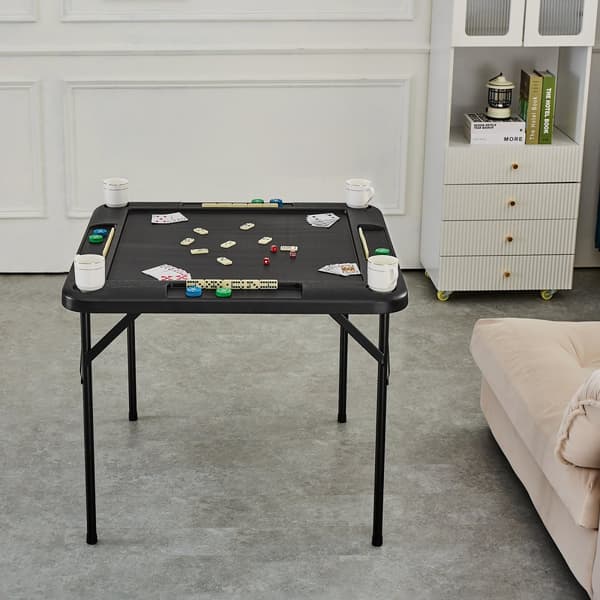 Mahjong-bord 4-spiller, firkantet foldebord med 4 kopholdere, 4 chipsbakker, bærbart domino-bord, inkl. domino sæt