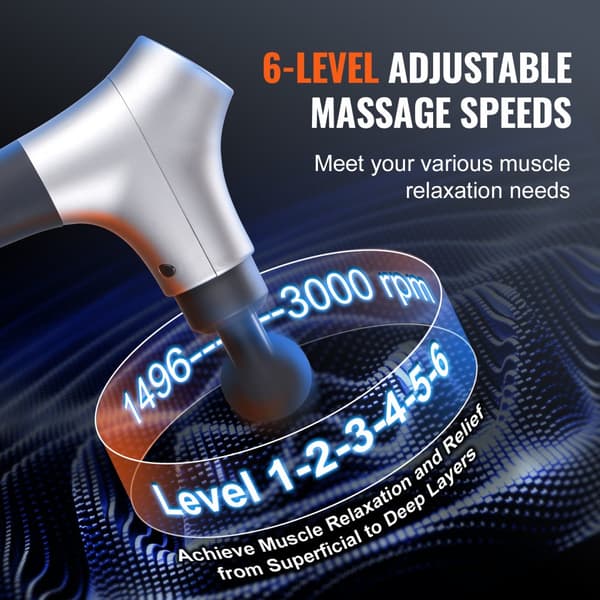 Massagepistol til dyb væv, percussion, muskelmassager, 6 hastigheder, 4 hoveder, effektiv smerteaflæsning